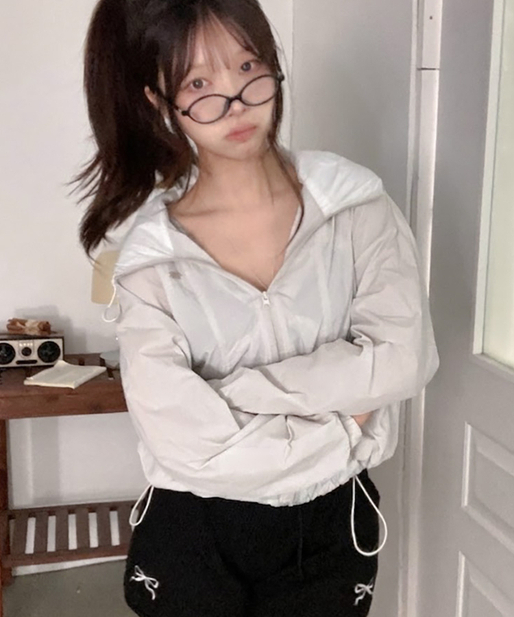 치코 후드 배색 팬던트 바람막이 점퍼 그레이