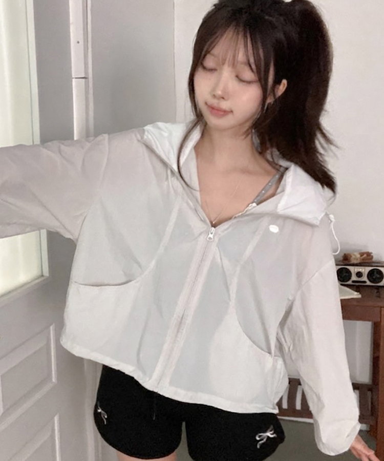 치코 후드 배색 팬던트 바람막이 점퍼 그레이