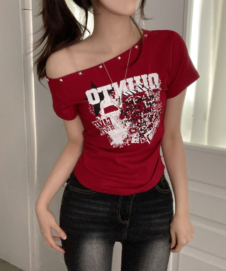 スタッズオフショルダースリム半袖Tシャツ(5color) RED