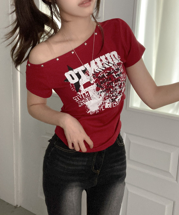 スタッズオフショルダースリム半袖Tシャツ(5color) RED