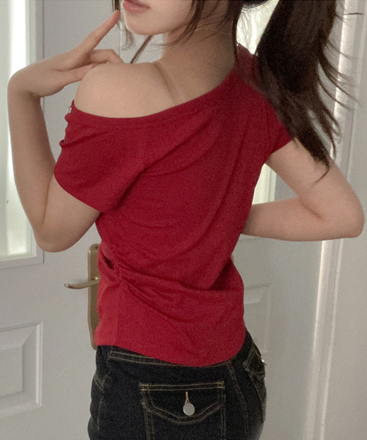 スタッズオフショルダースリム半袖Tシャツ(5color) RED