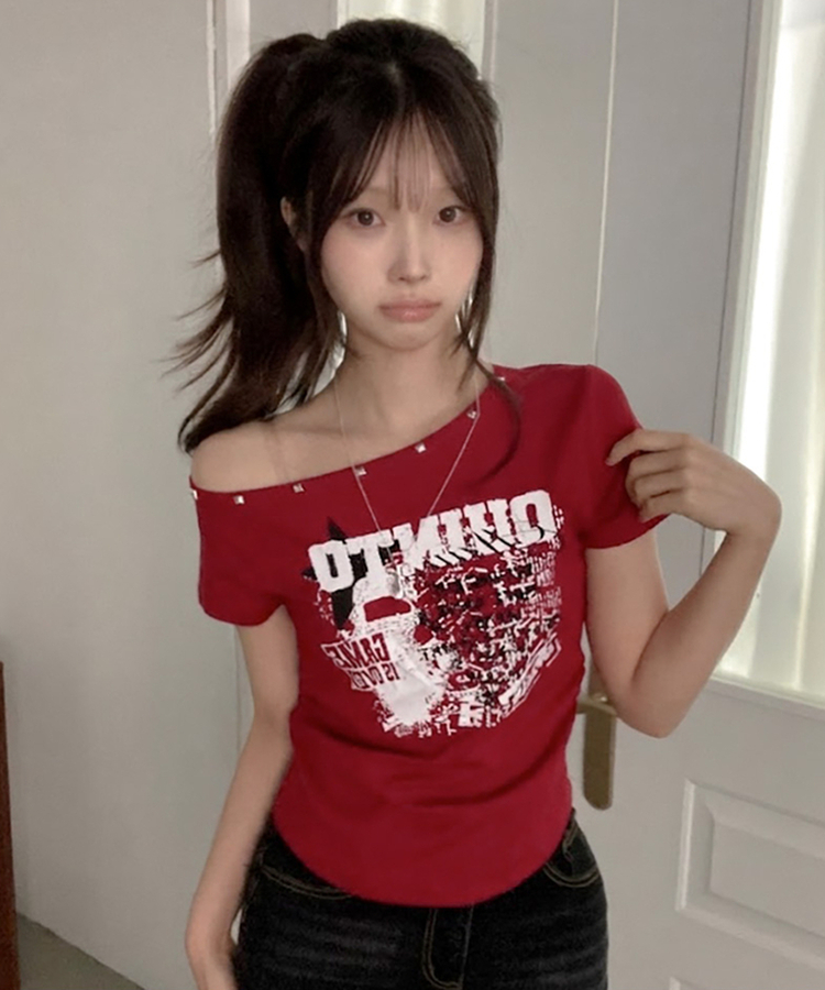 スタッズオフショルダースリム半袖Tシャツ(5color) RED