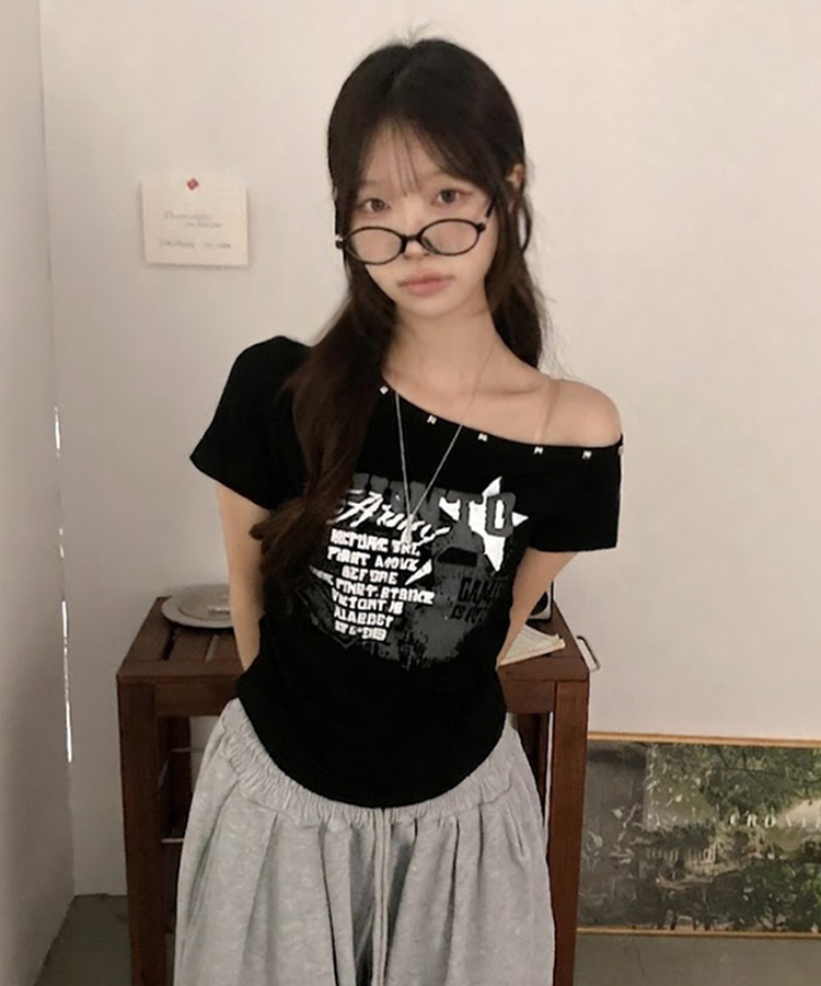 スタッズオフショルダースリム半袖Tシャツ(5color) BLACK