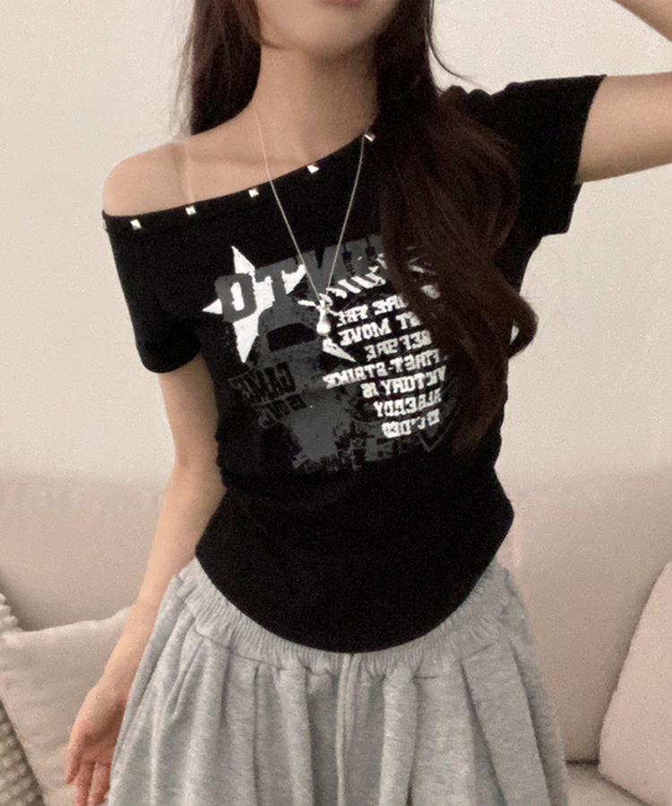 スタッズオフショルダースリム半袖Tシャツ(5color) BLACK