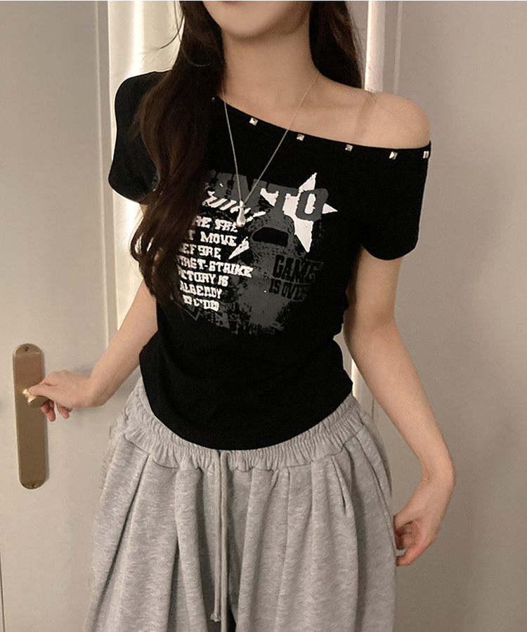 スタッズオフショルダースリム半袖Tシャツ(5color) BLACK