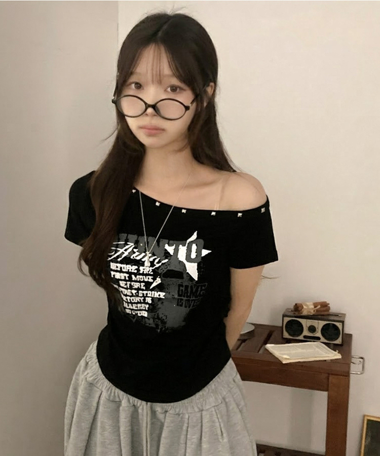 スタッズオフショルダースリム半袖Tシャツ(5color) BLACK