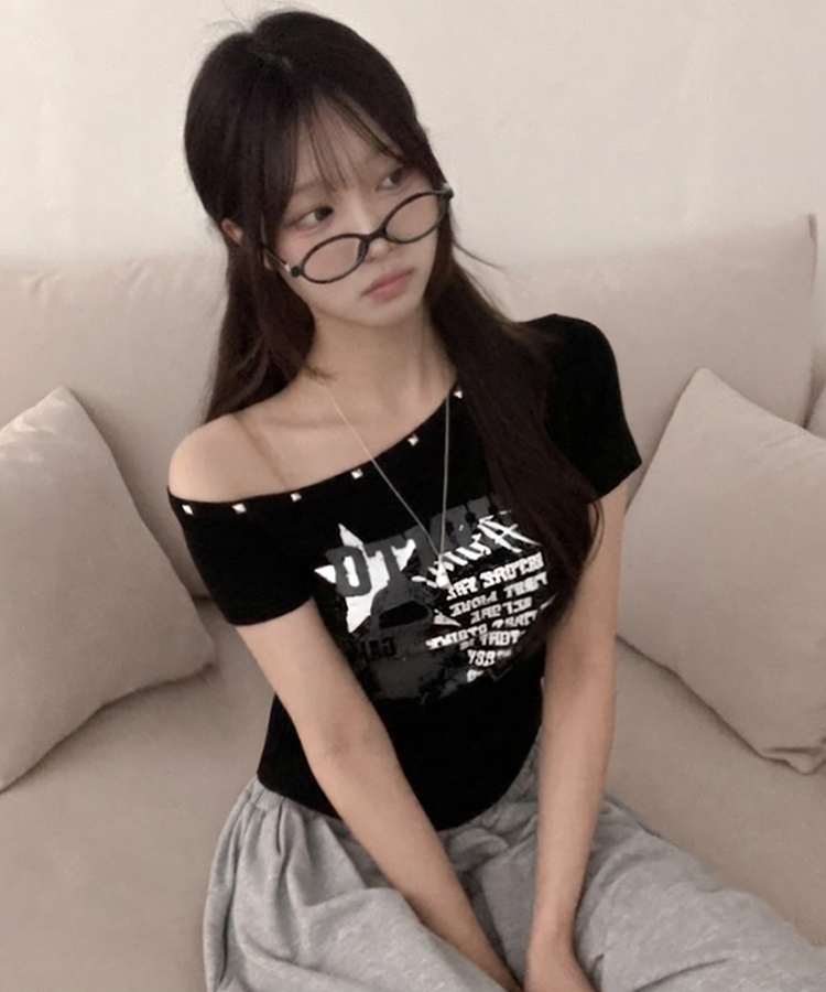 スタッズオフショルダースリム半袖Tシャツ(5color) BLACK