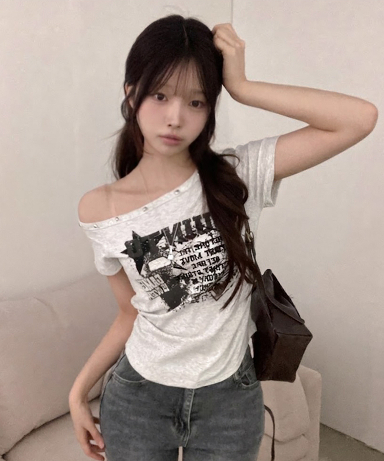スタッズオフショルダースリム半袖Tシャツ(5color) MELANGE WHITE