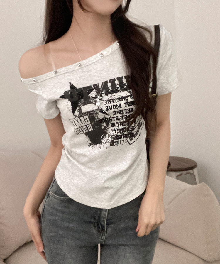 スタッズオフショルダースリム半袖Tシャツ(5color) MELANGE WHITE