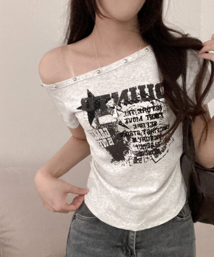 スタッズオフショルダースリム半袖Tシャツ(5color) MELANGE WHITE