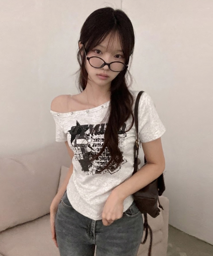 スタッズオフショルダースリム半袖Tシャツ(5color) MELANGE WHITE