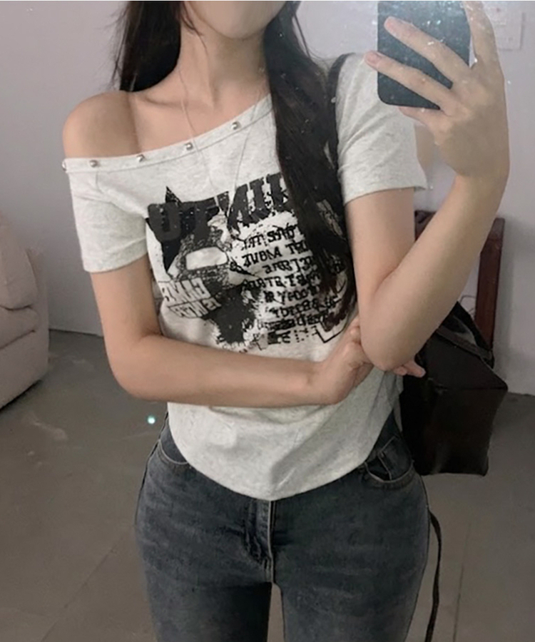 スタッズオフショルダースリム半袖Tシャツ(5color) MELANGE WHITE