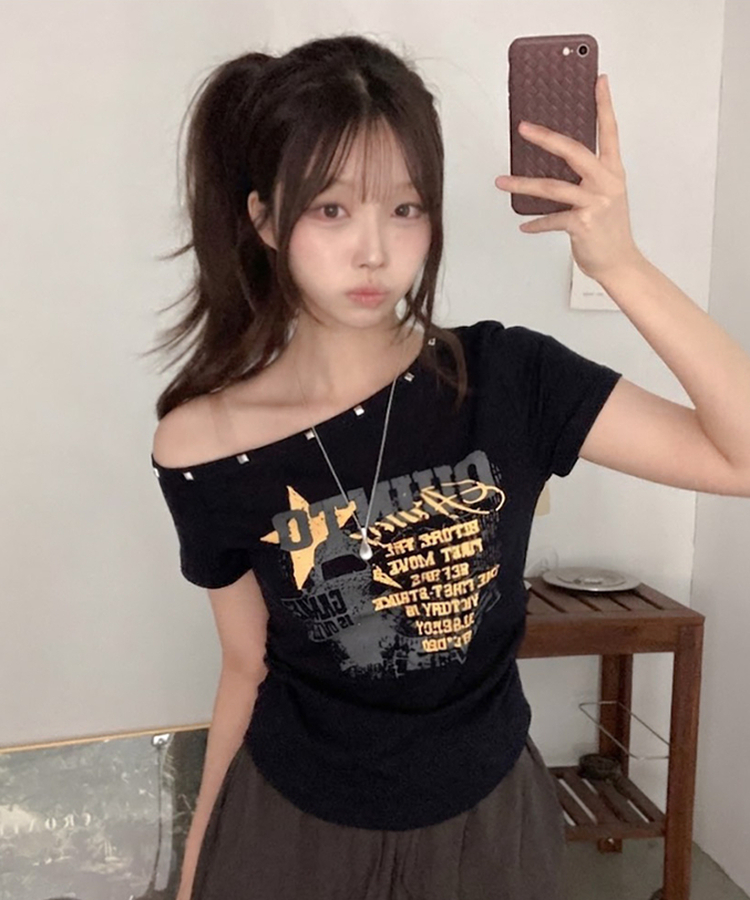 スタッズオフショルダースリム半袖Tシャツ(5color) NAVY