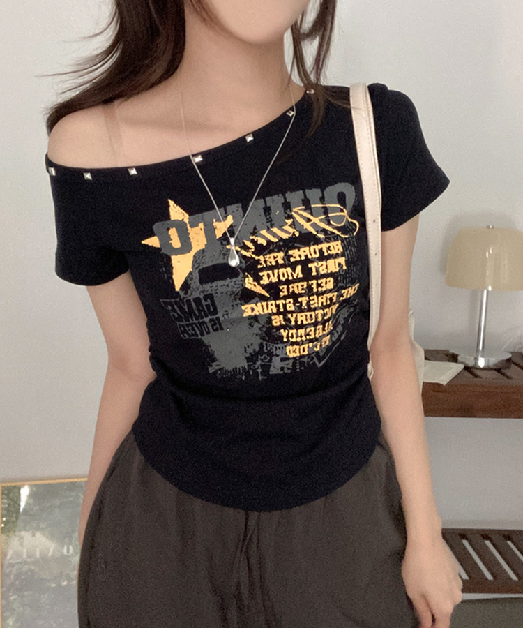 スタッズオフショルダースリム半袖Tシャツ(5color) NAVY