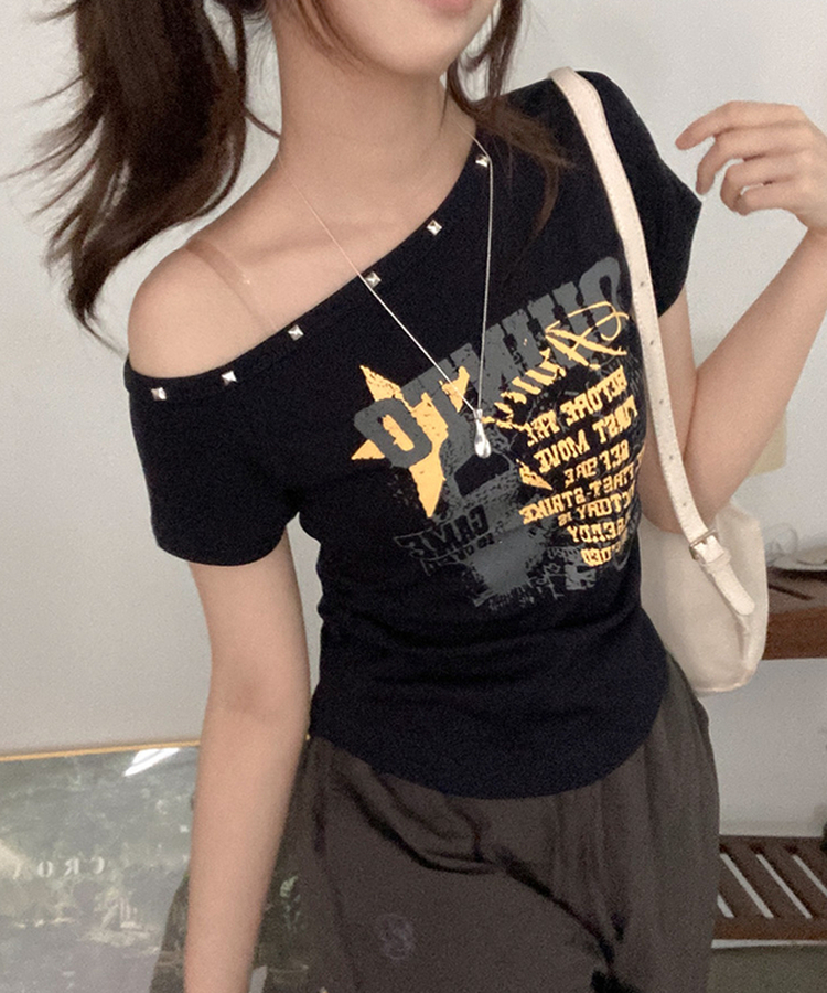 スタッズオフショルダースリム半袖Tシャツ(5color) NAVY