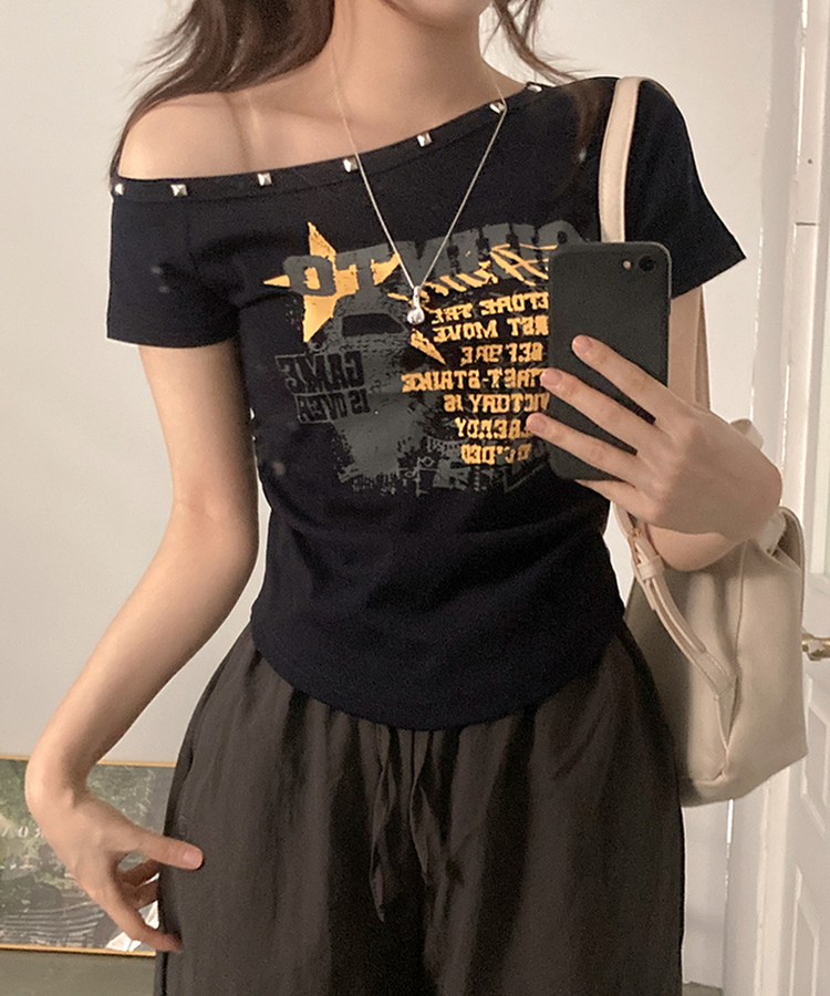 スタッズオフショルダースリム半袖Tシャツ(5color) NAVY