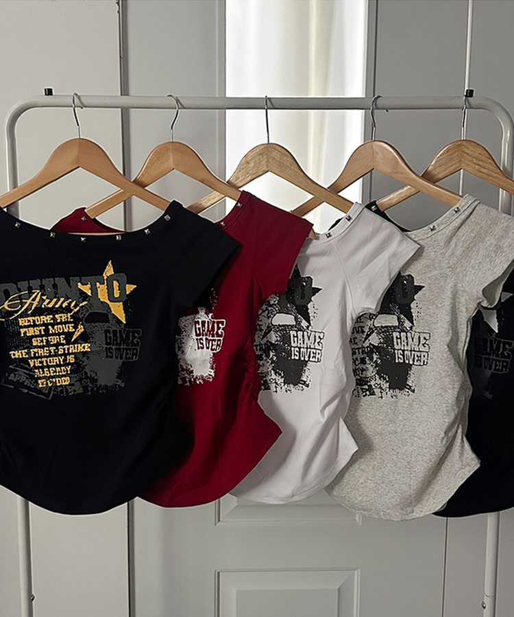 スタッズオフショルダースリム半袖Tシャツ(5color)