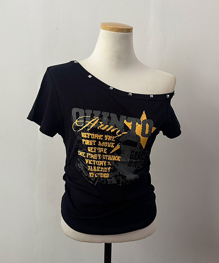 スタッズオフショルダースリム半袖Tシャツ(5color)
