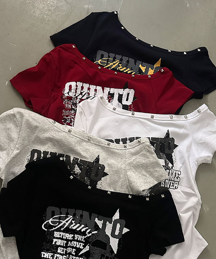 スタッズオフショルダースリム半袖Tシャツ(5color)