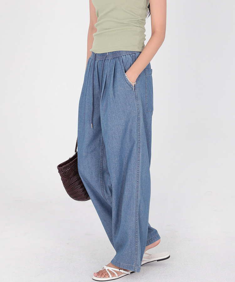 【丈別】クールタッチピンタックワイドパンツ MID DENIM