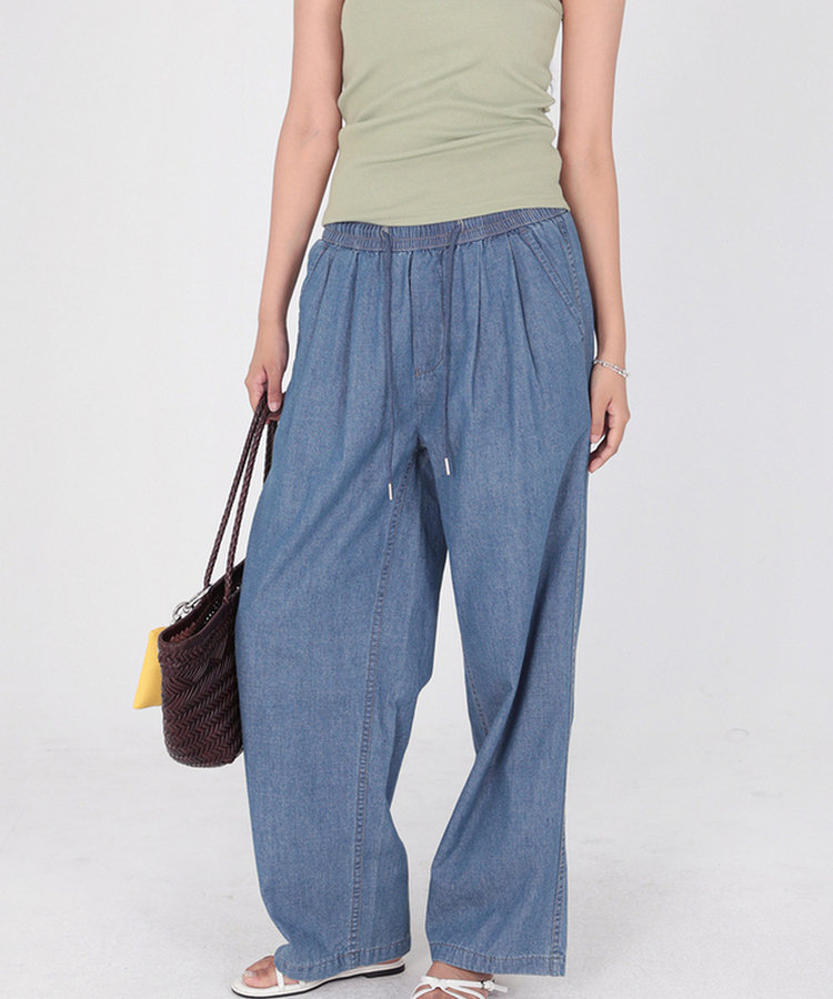 【丈別】クールタッチピンタックワイドパンツ MID DENIM