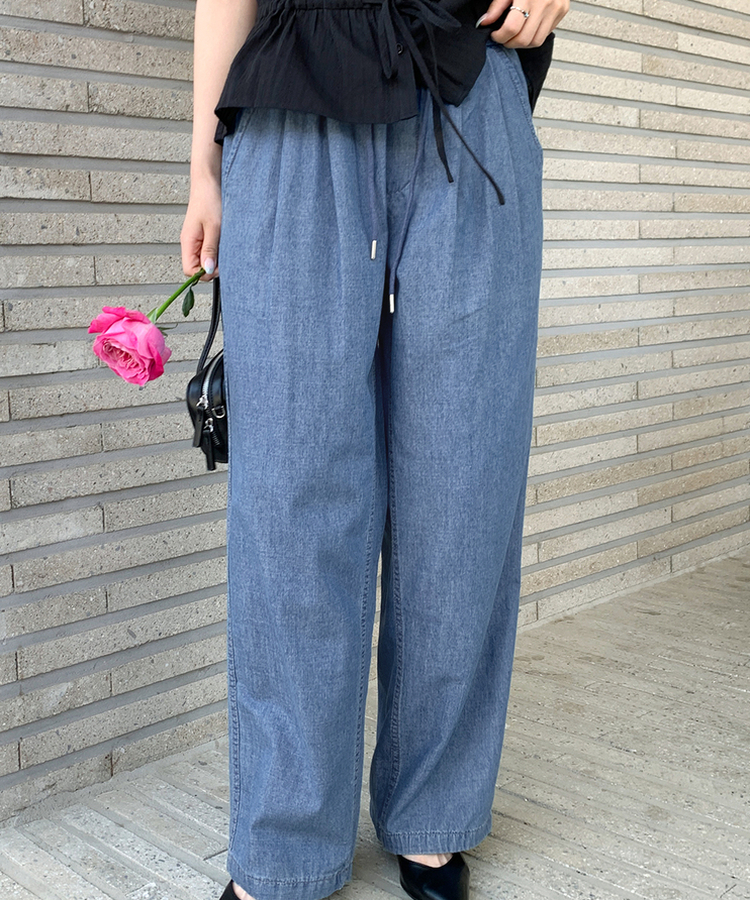【丈別】クールタッチピンタックワイドパンツ MID DENIM