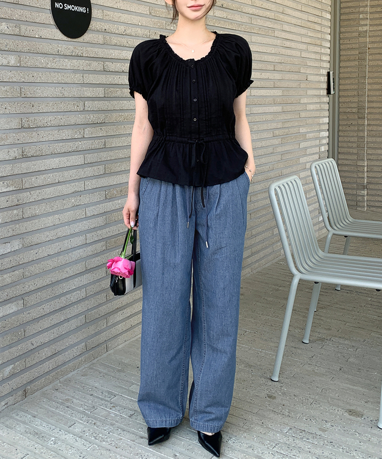 【丈別】クールタッチピンタックワイドパンツ MID DENIM