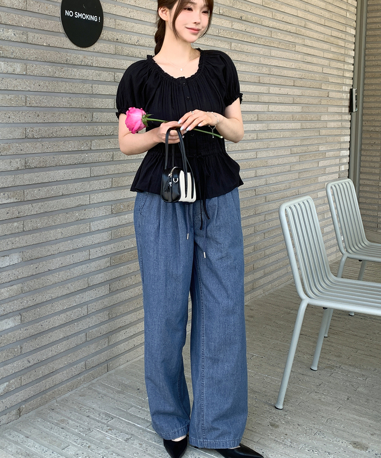 【丈別】クールタッチピンタックワイドパンツ MID DENIM