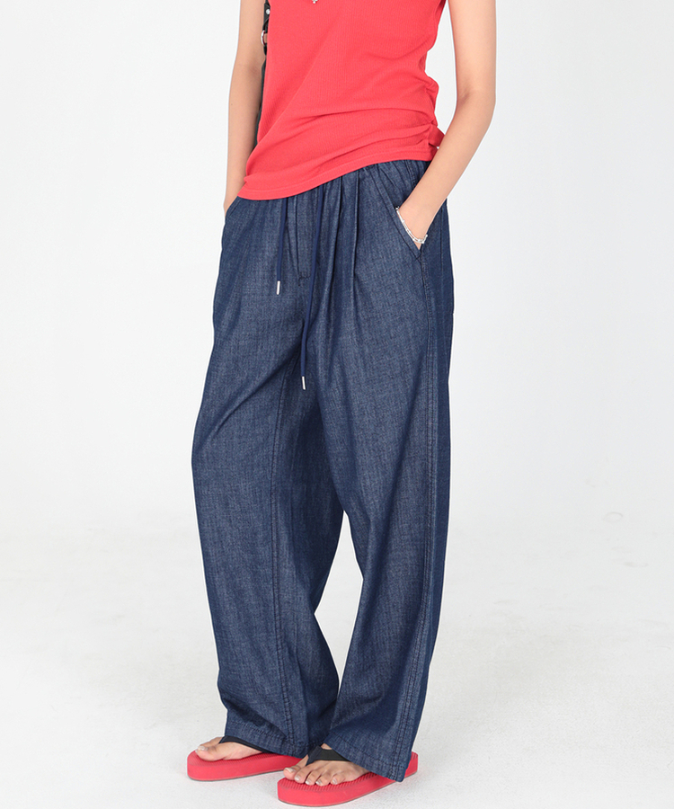 【丈別】クールタッチピンタックワイドパンツ NAVY DENIM