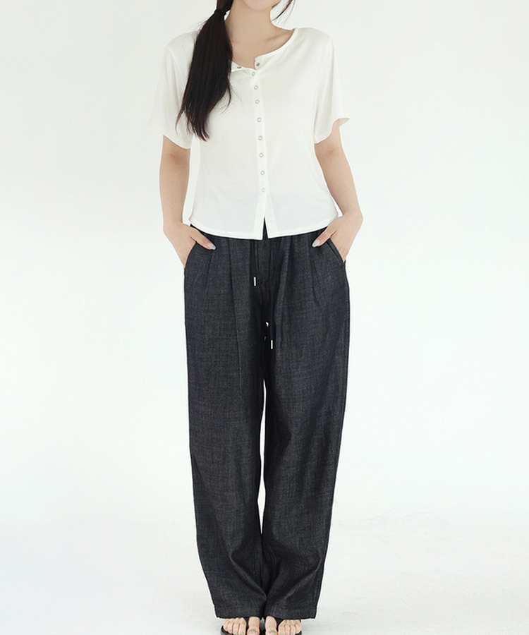 【丈別】クールタッチピンタックワイドパンツ BLACK DENIM