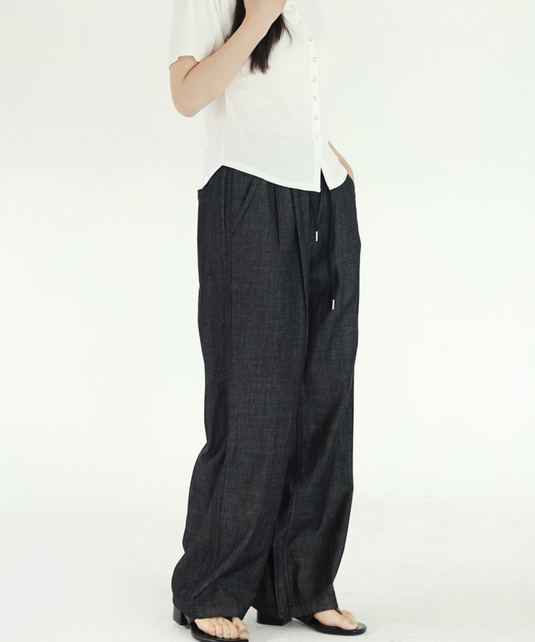 【丈別】クールタッチピンタックワイドパンツ BLACK DENIM