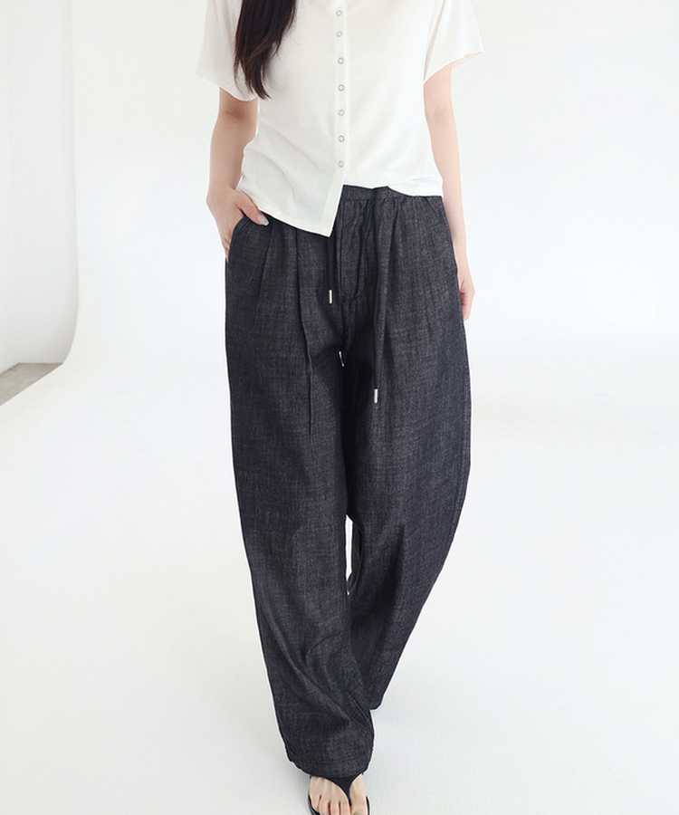 【丈別】クールタッチピンタックワイドパンツ BLACK DENIM