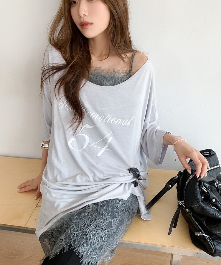 オフショルダーレタリングTシャツ(6color) ASH BLUE