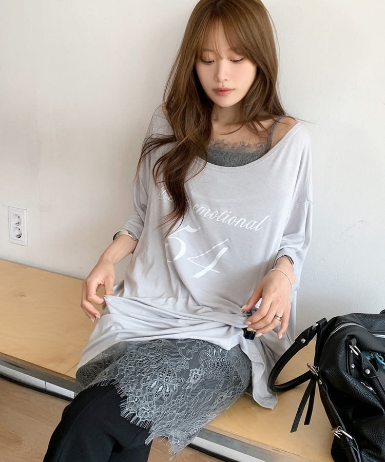 オフショルダーレタリングTシャツ(6color) ASH BLUE