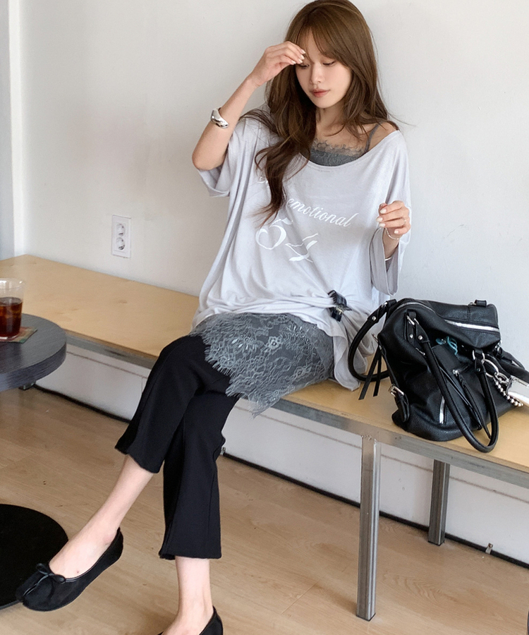 オフショルダーレタリングTシャツ(6color) ASH BLUE