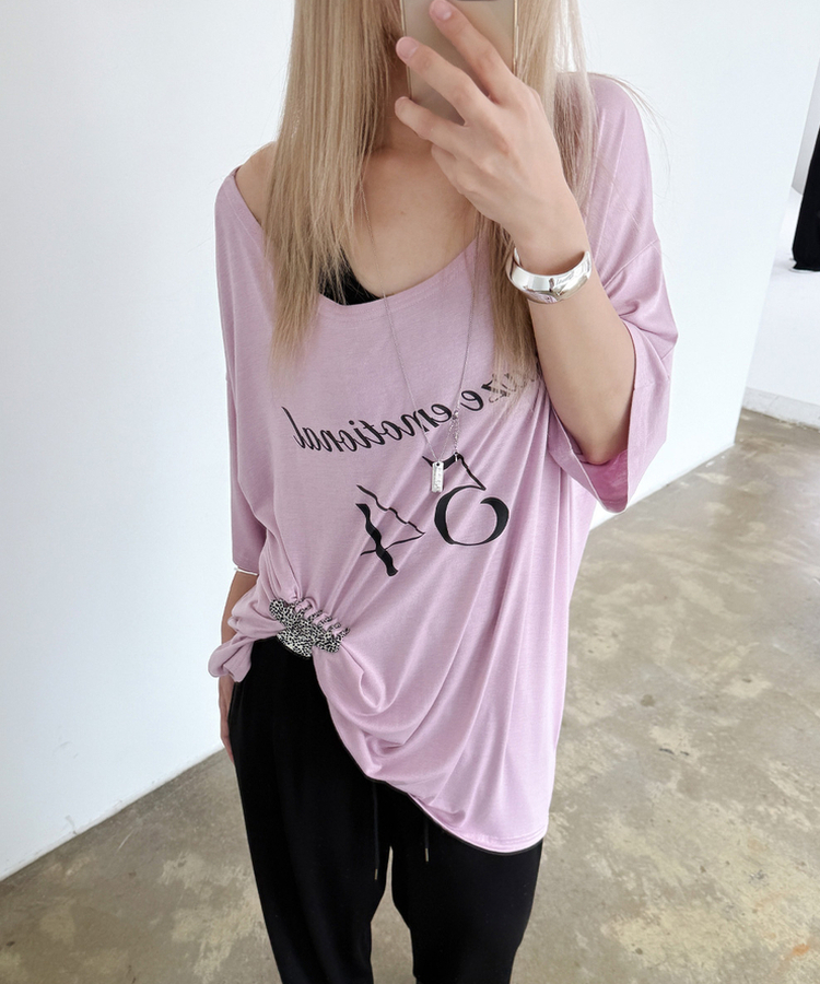 オフショルダーレタリングTシャツ(6color) LAVENDER PINK
