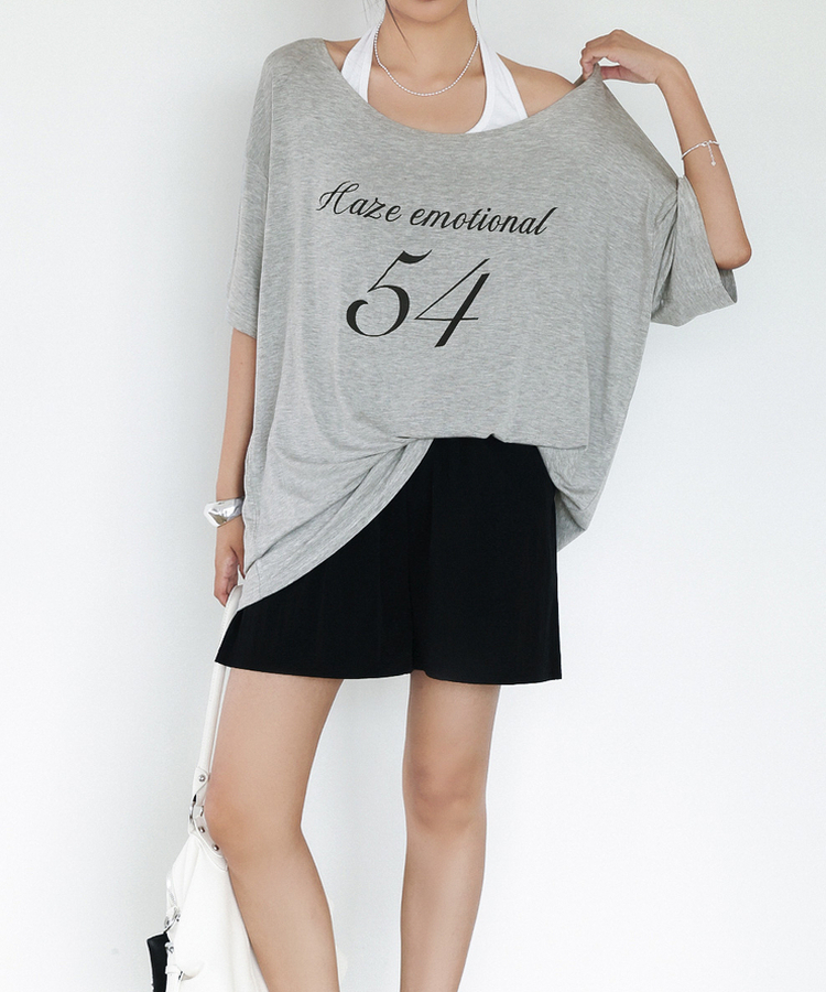 オフショルダーレタリングTシャツ(6color) MELANGE GRAY