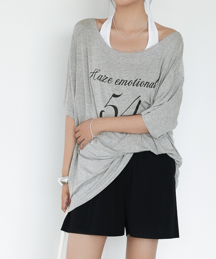 オフショルダーレタリングTシャツ(6color) MELANGE GRAY