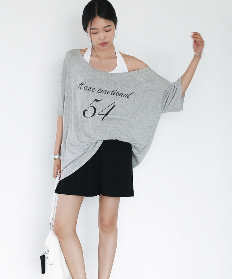 オフショルダーレタリングTシャツ(6color) MELANGE GRAY