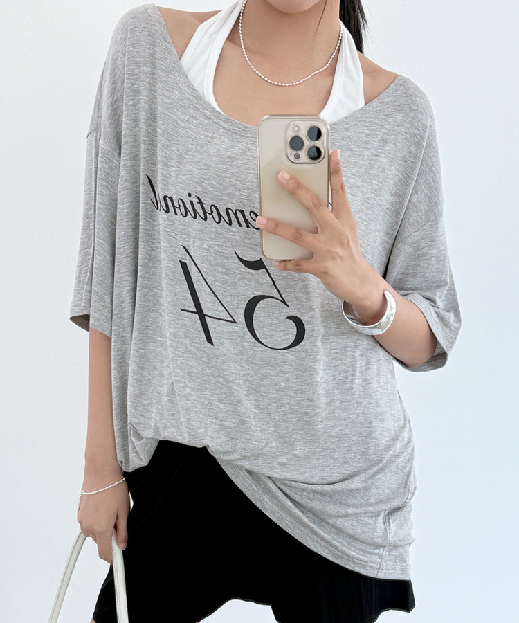 オフショルダーレタリングTシャツ(6color) MELANGE GRAY
