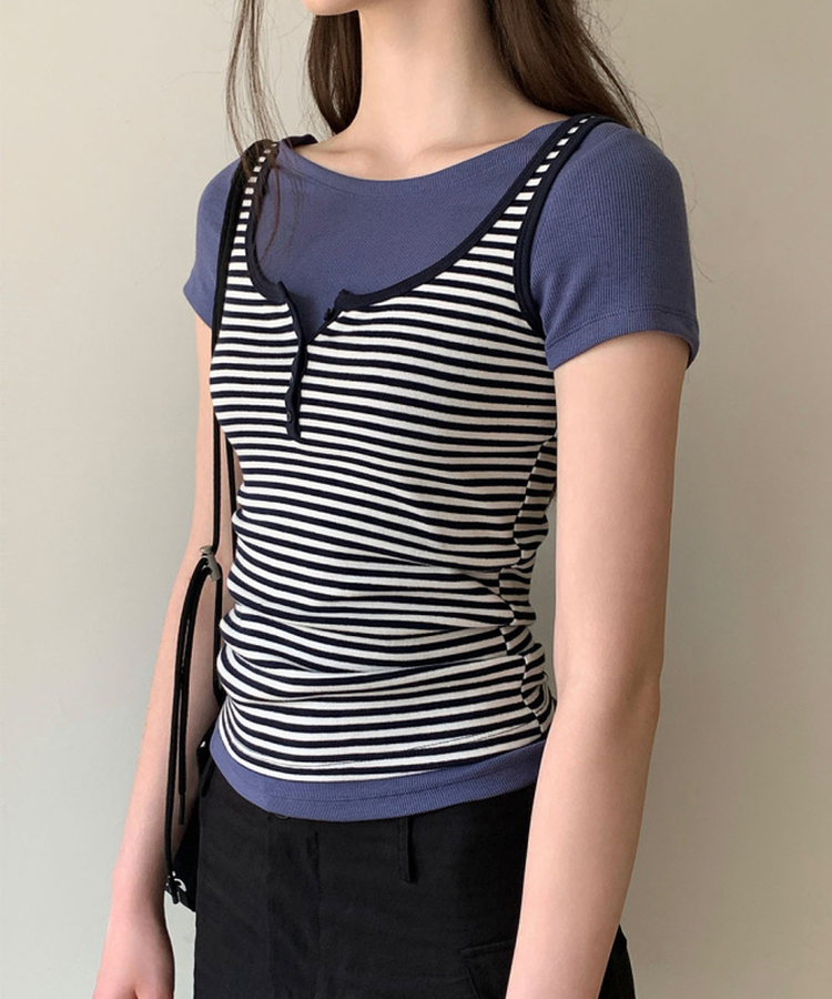 ボートネックリブスリム半袖Tシャツ BLUE