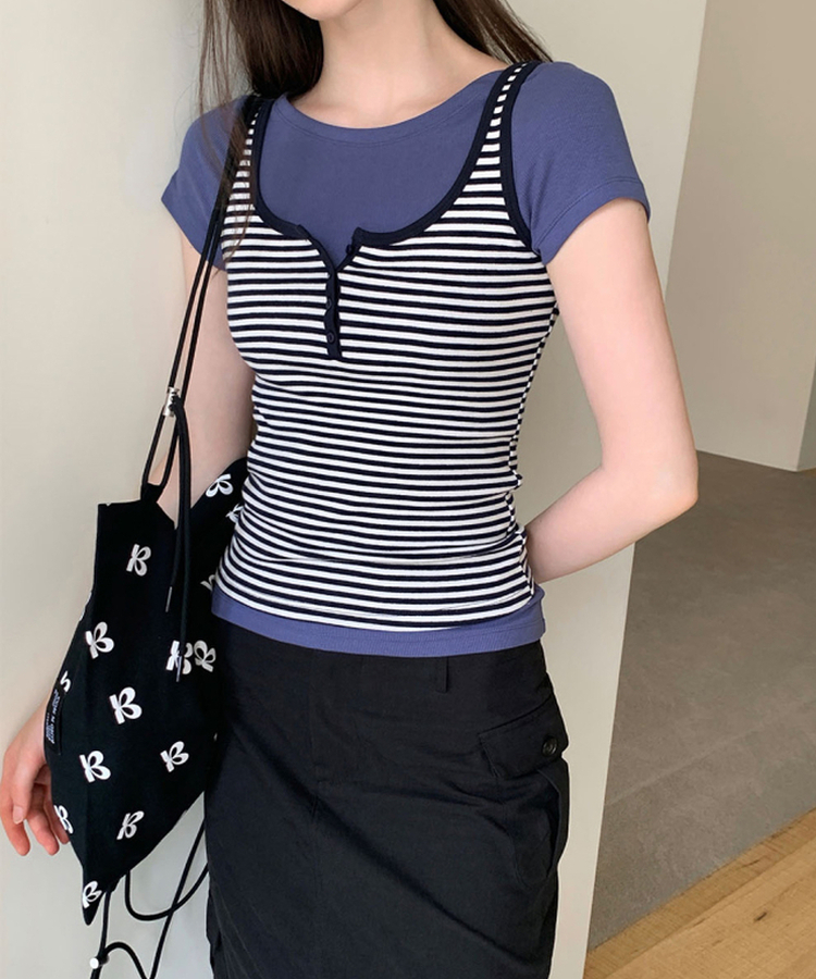 ボートネックリブスリム半袖Tシャツ BLUE