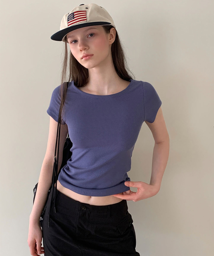 ボートネックリブスリム半袖Tシャツ BLUE