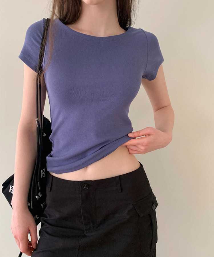 ボートネックリブスリム半袖Tシャツ BLUE