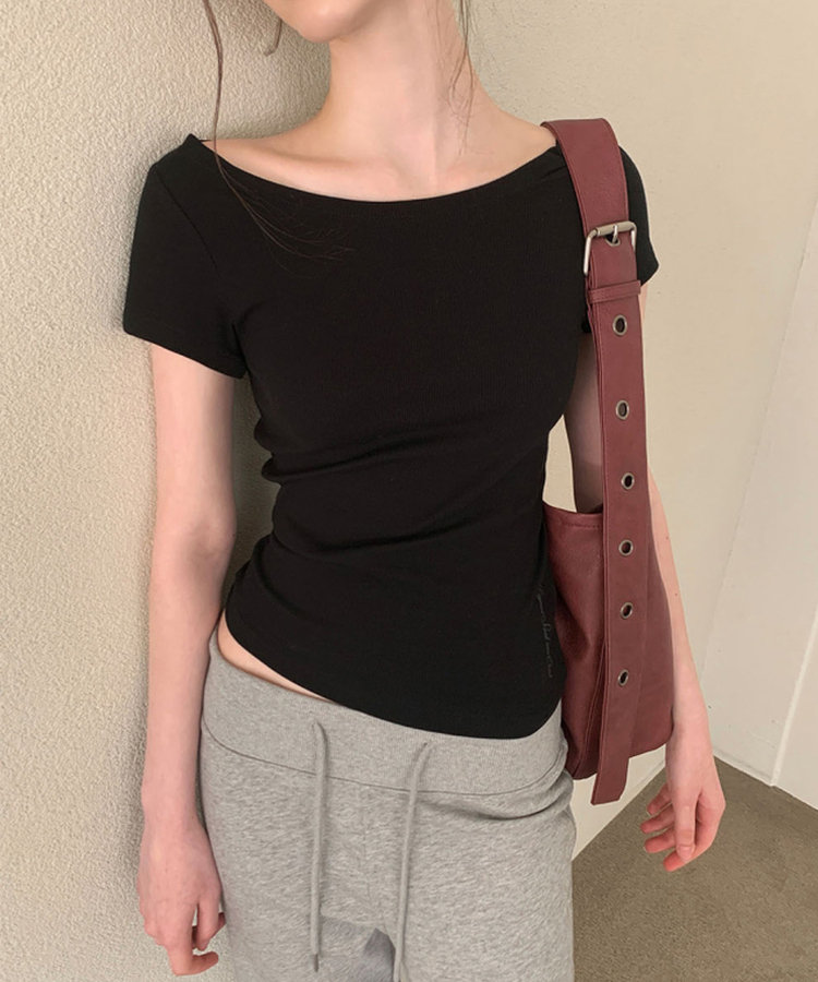 ボートネックリブスリム半袖Tシャツ BLACK