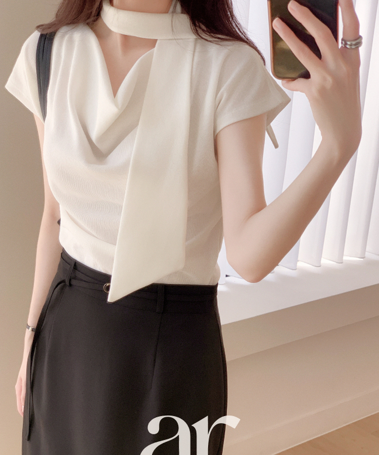 （タイ一体型／ブラウスT／高級感♥）タイ ドレープ 半袖 ブラウス Tシャツ IVORY