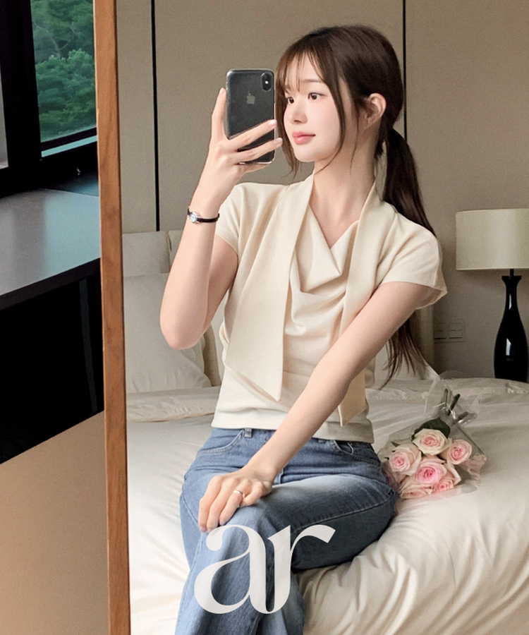 （タイ一体型／ブラウスT／高級感♥）タイ ドレープ 半袖 ブラウス Tシャツ CREAM