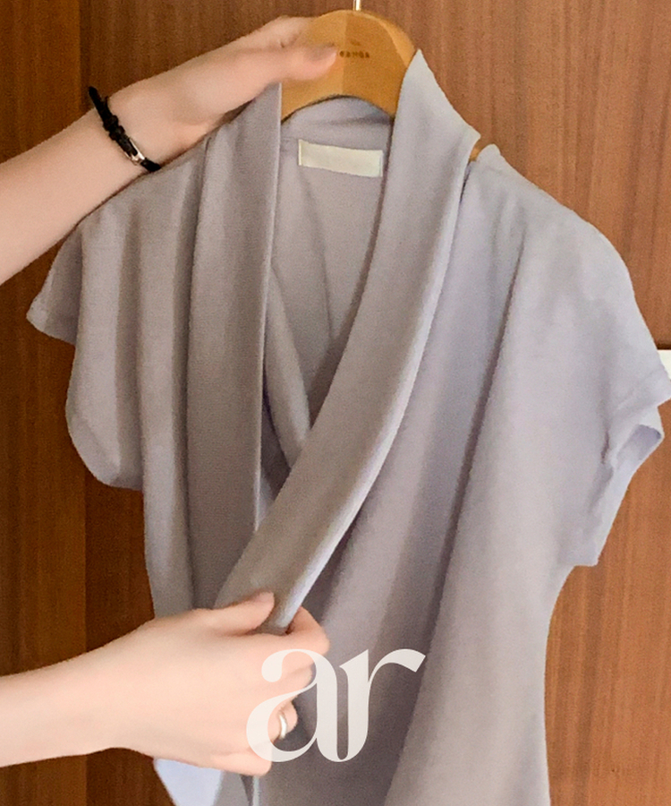 （タイ一体型／ブラウスT／高級感♥）タイ ドレープ 半袖 ブラウス Tシャツ