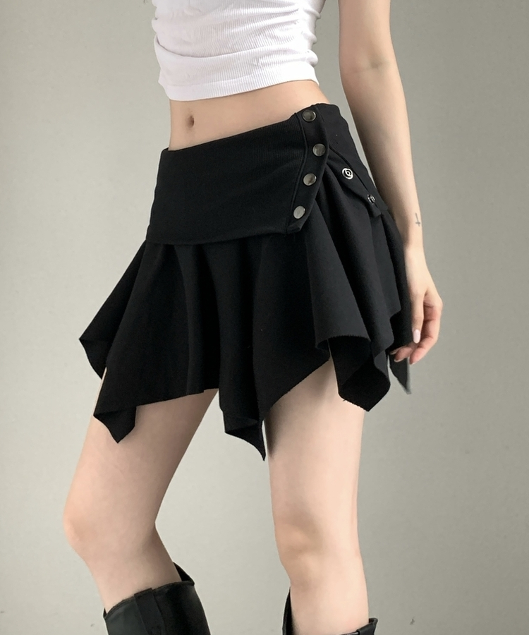 アシメボタンラップミニコットンスカート(5color) BLACK