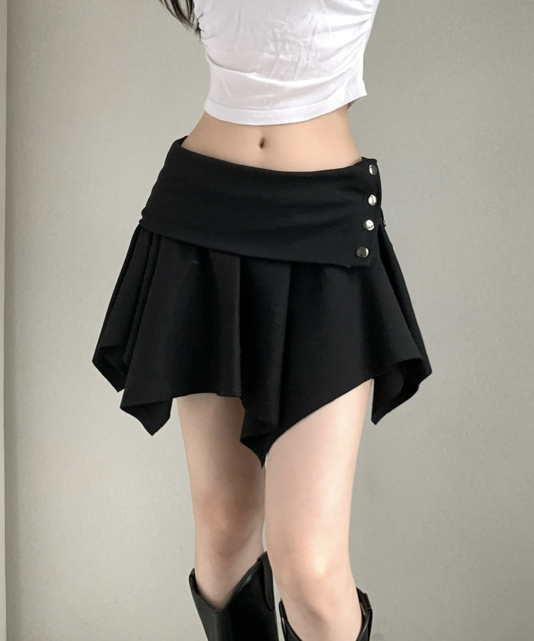 アシメボタンラップミニコットンスカート(5color) BLACK